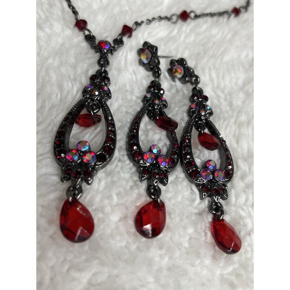 Vintage 1928/2028 Cherry Red Floral Dangle AB Rhinestone Necklace & Earring 18"